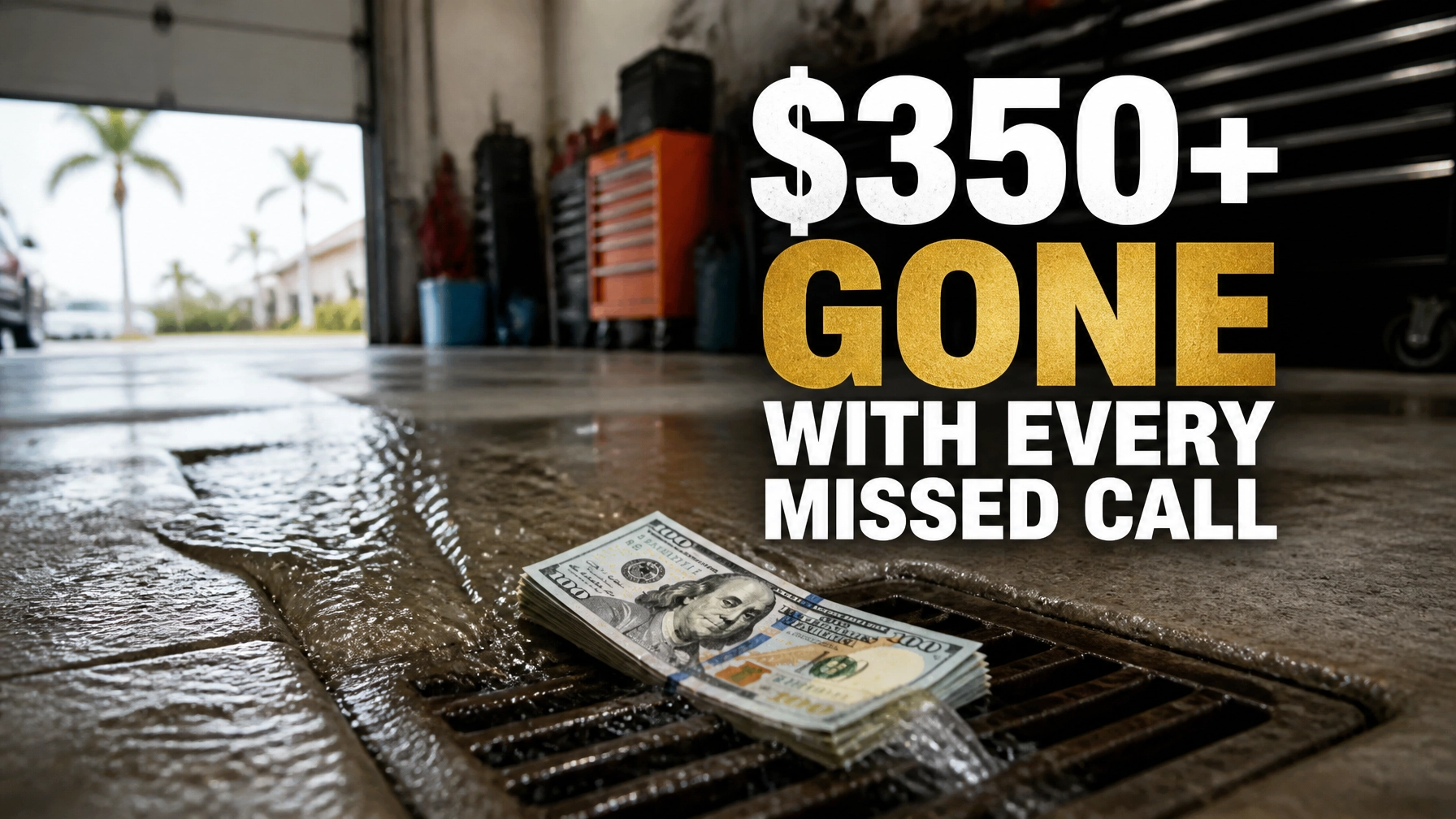 Stack of hundred dollar bills washing down a drain with text '$350+ GONE WITH EVERY MISSED CALL'