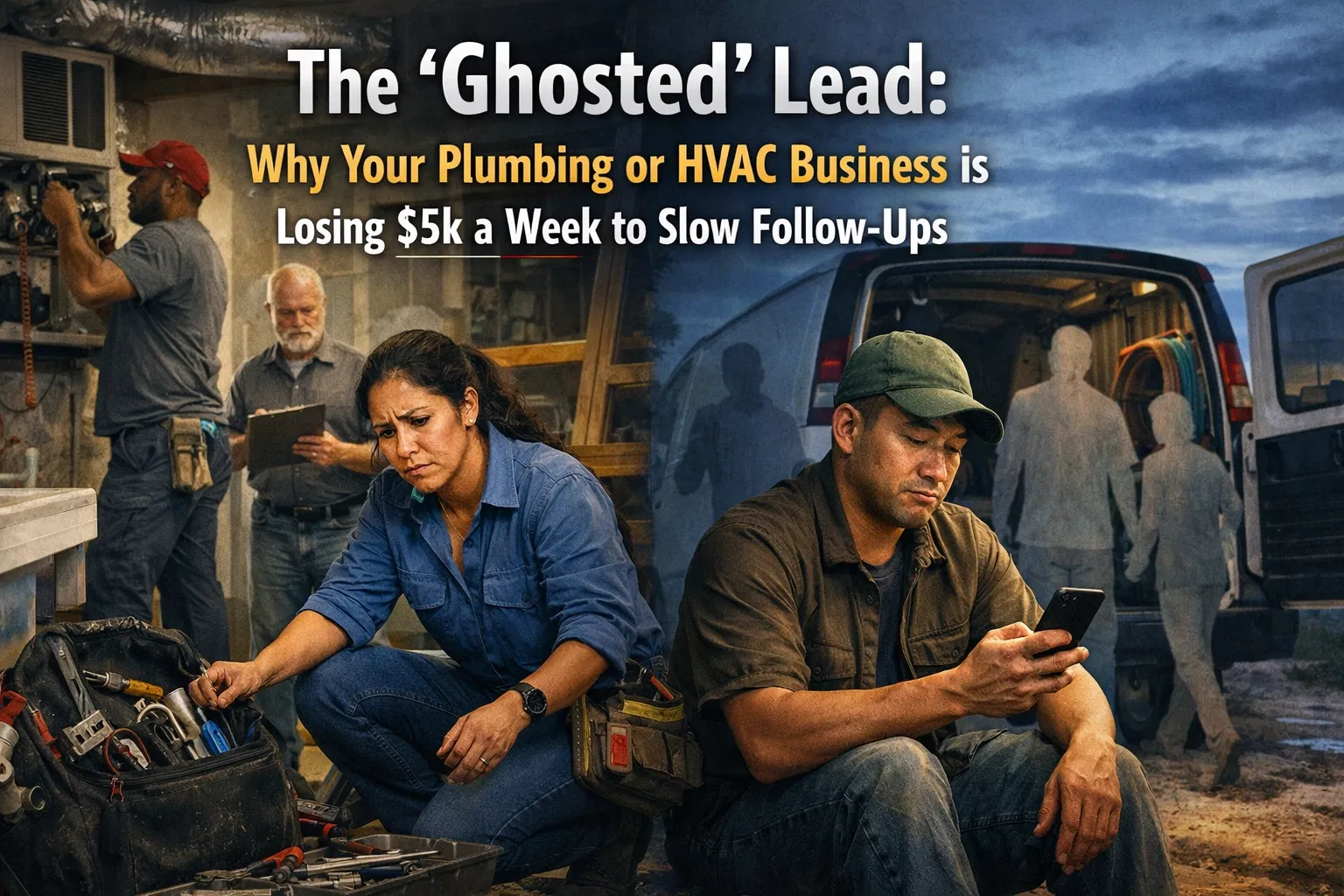 Frustrated HVAC and plumbing professionals surrounded by missed opportunities