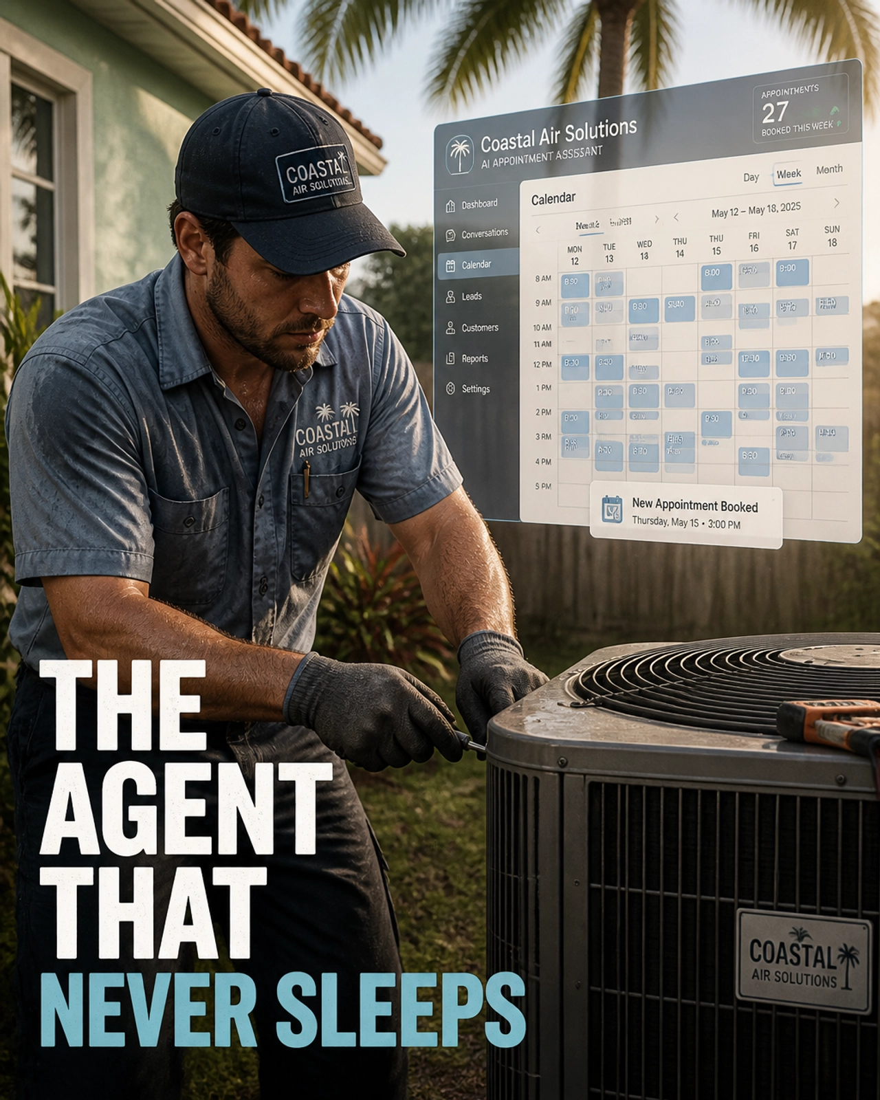 HVAC technician working while an AI agent handles scheduling in the background