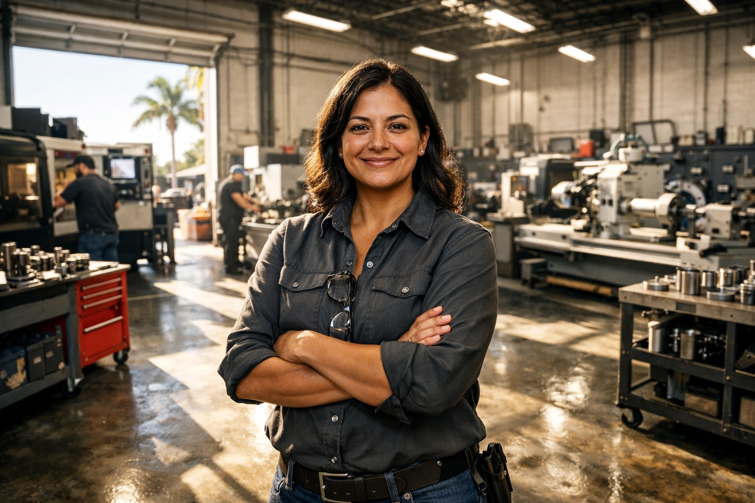 Industrial machine shop owner managing an efficient workshop optimized with agentic AI operations